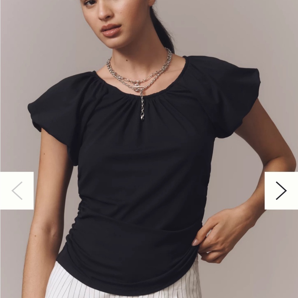 Anthropologie Black Ruched Side Top Cap Sleeve Size Medium